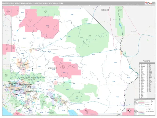 Riverside-San Bernardino-Ontario Metro Area ZIP Code Wall Map, Classic style