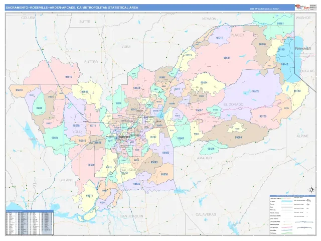 Sacramento–Roseville–Arden-Arcade Metro Area ZIP Code Wall Map, ColorCast style