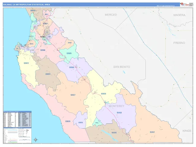 Salinas Metro Area ZIP Code Wall Map, ColorCast style