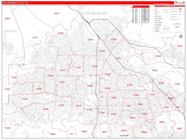 San Fernando Valley Metro Area ZIP Code Wall Map, RedLine style