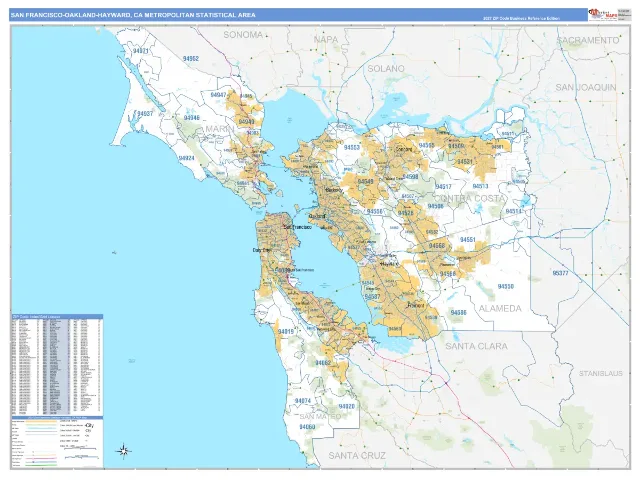 San Francisco–Oakland–Hayward Metro Area ZIP Code Wall Map, Business Reference style