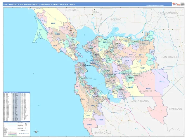 San Francisco–Oakland–Hayward Metro Area ZIP Code Wall Map, ColorCast style