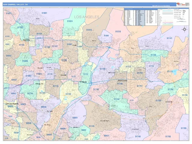 San Gabriel Valley Metro Area ZIP Code Wall Map, ColorCast style