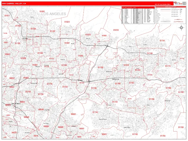 San Gabriel Valley Metro Area ZIP Code Wall Map, RedLine style