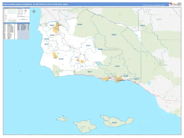Santa Maria-Santa Barbara Metro Area ZIP Code Wall Map, Business Reference style
