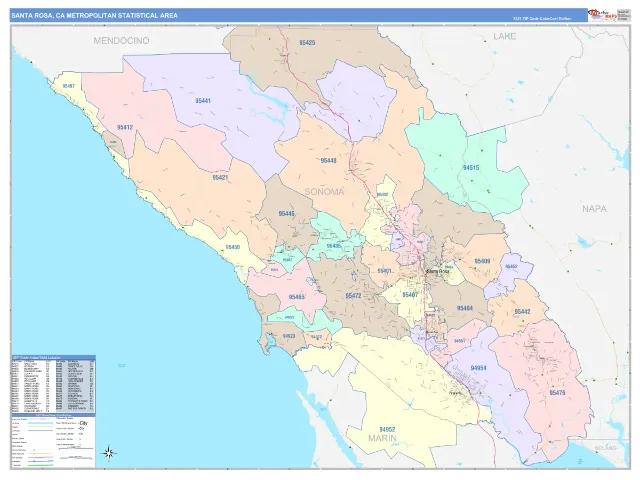 Santa Rosa Metro Area ZIP Code Wall Map, ColorCast style