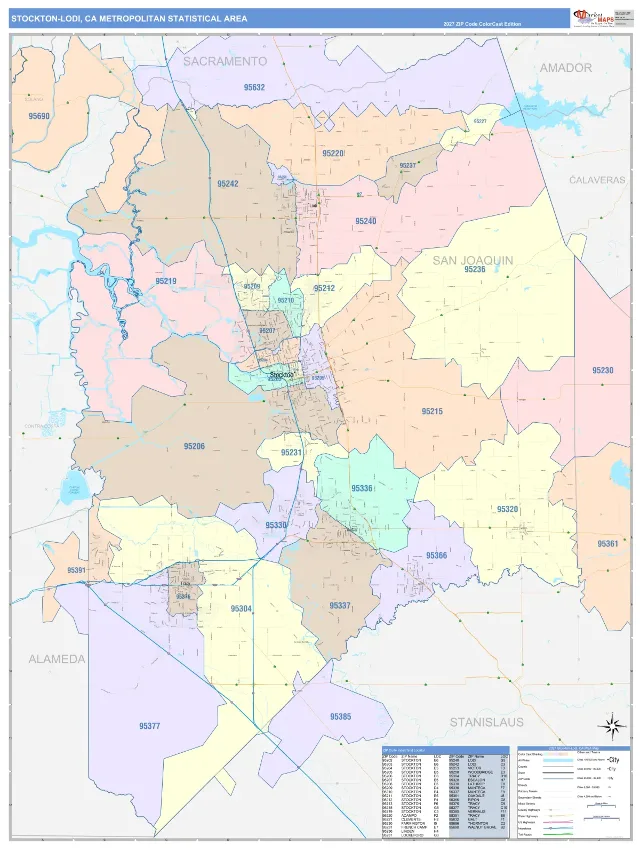 Stockton-Lodi Metro Area ZIP Code Wall Map, ColorCast style