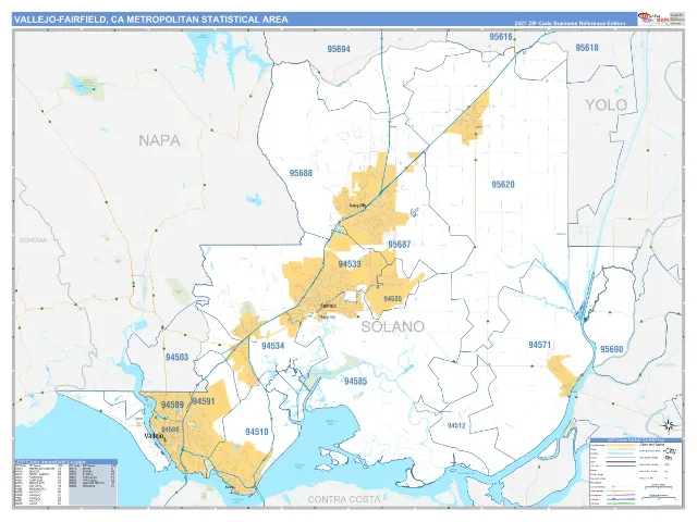Vallejo-Fairfield Metro Area ZIP Code Wall Map, Business Reference style