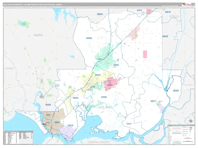 Vallejo-Fairfield Metro Area ZIP Code Wall Map, Classic style