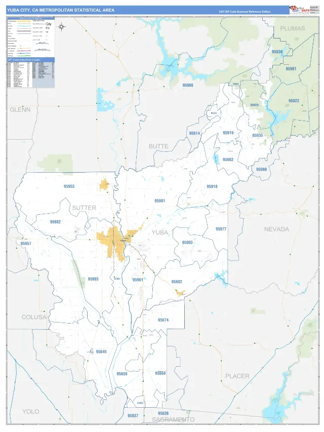 Yuba City Metro Area ZIP Code Wall Map, Business Reference style
