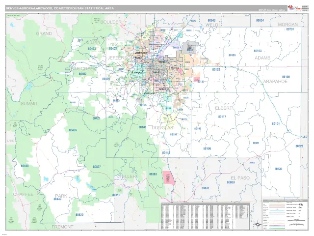 Denver-Aurora-Lakewood Metro Area ZIP Code Wall Map, Classic style
