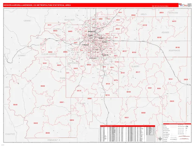 Denver-Aurora-Lakewood Metro Area ZIP Code Wall Map, RedLine style