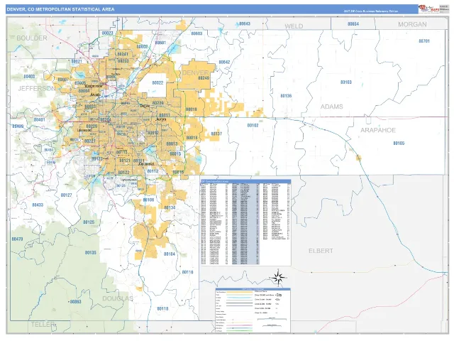 Denver Metro Area ZIP Code Wall Map, Business Reference style
