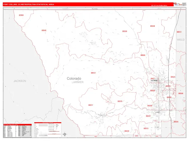 Fort Collins Metro Area ZIP Code Wall Map, RedLine style