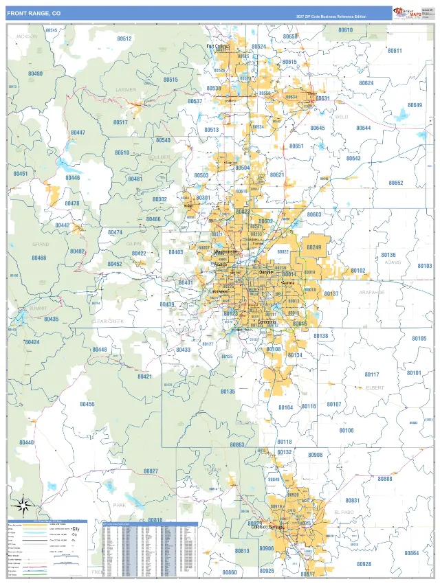 Front Range Metro Area ZIP Code Wall Map, Business Reference style