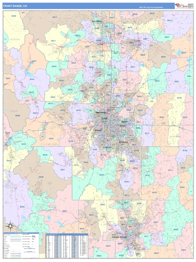 Front Range Metro Area ZIP Code Wall Map, ColorCast style