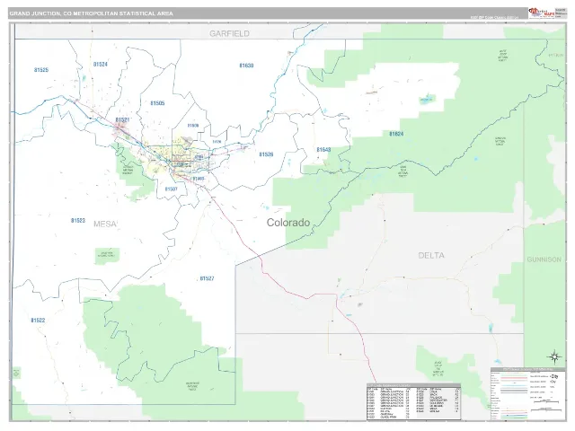 Grand Junction Metro Area ZIP Code Wall Map, Classic style