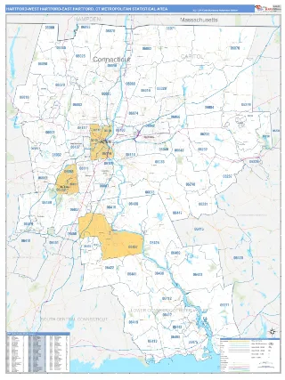 Hartford-West Hartford-East Hartford Metro Area Business Reference style ZIP Code wall map