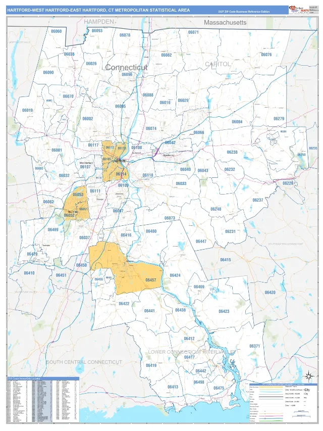 Hartford-West Hartford-East Hartford Metro Area ZIP Code Wall Map, Business Reference style