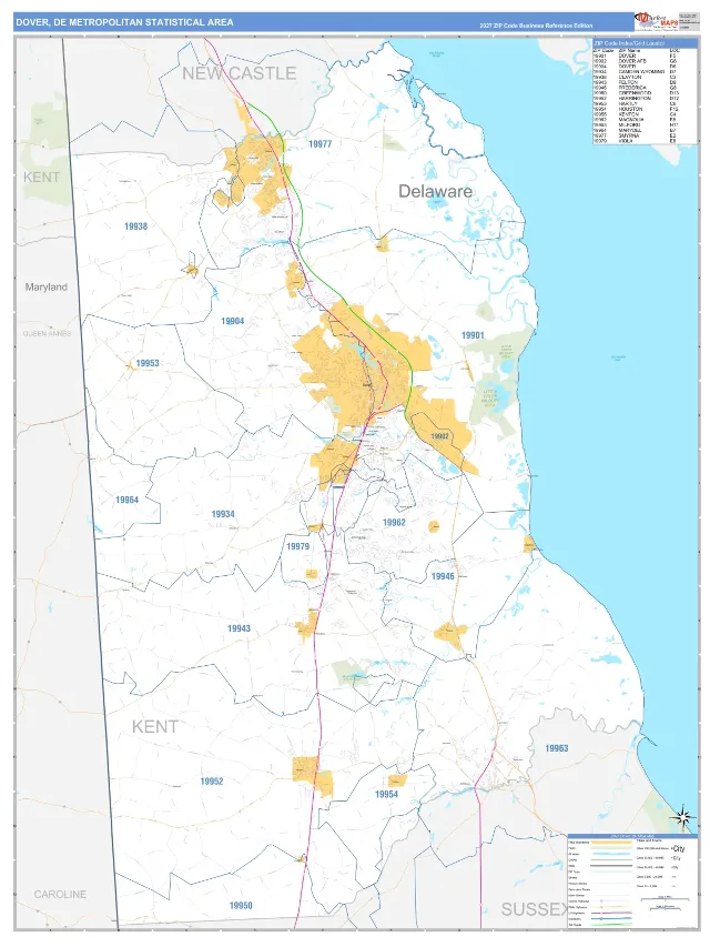 Dover Metro Area ZIP Code Wall Map, Business Reference style