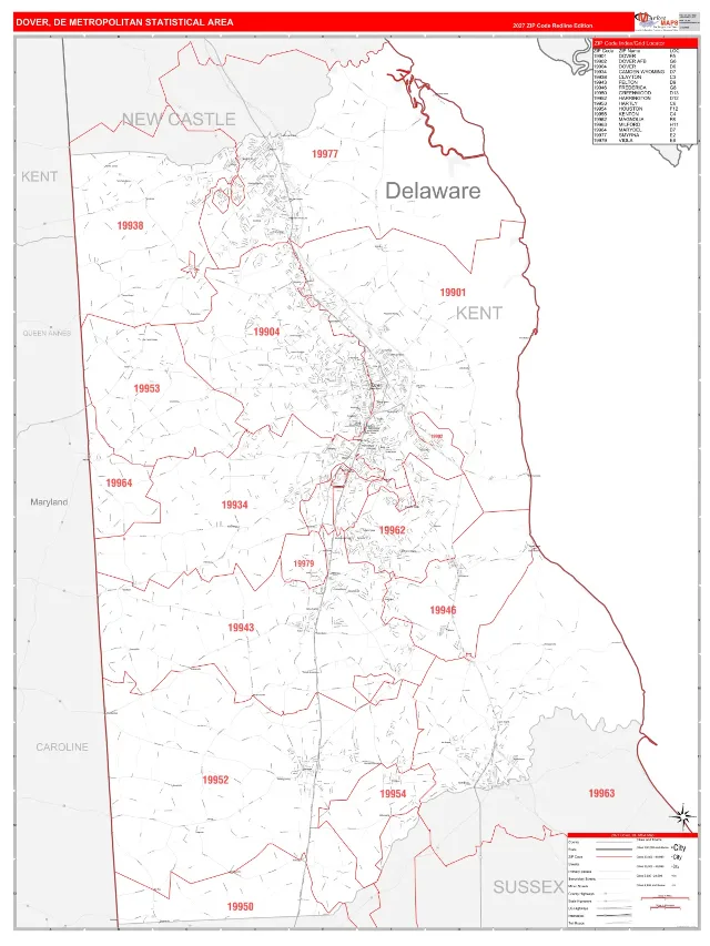 Dover Metro Area ZIP Code Wall Map, RedLine style