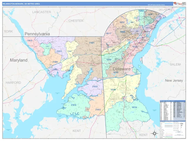 Wilmington-Newark Metro Area ZIP Code Wall Map, ColorCast style