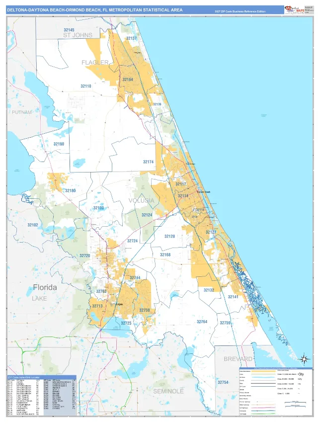 Deltona-Daytona Beach-Ormond Beach Metro Area ZIP Code Wall Map, Business Reference style