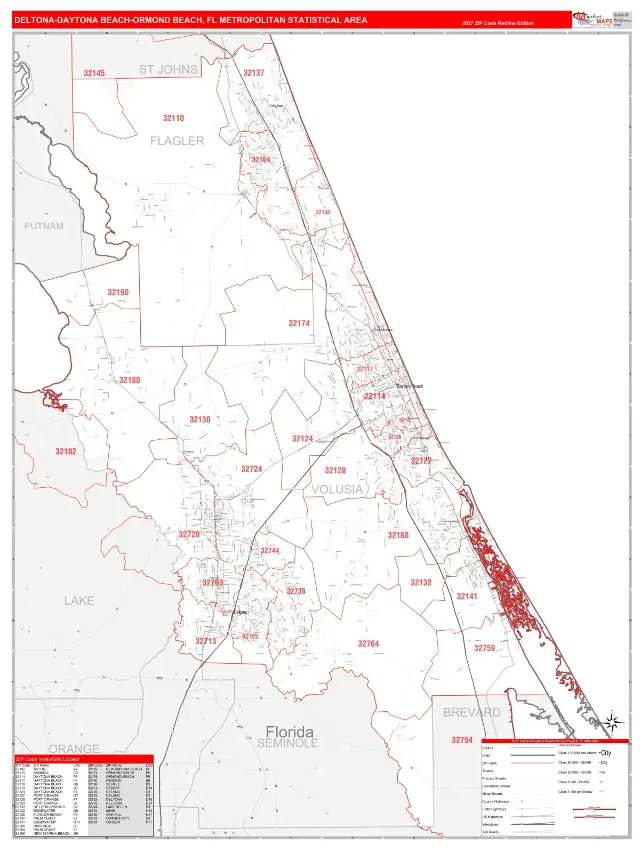 Deltona-Daytona Beach-Ormond Beach Metro Area ZIP Code Wall Map, RedLine style