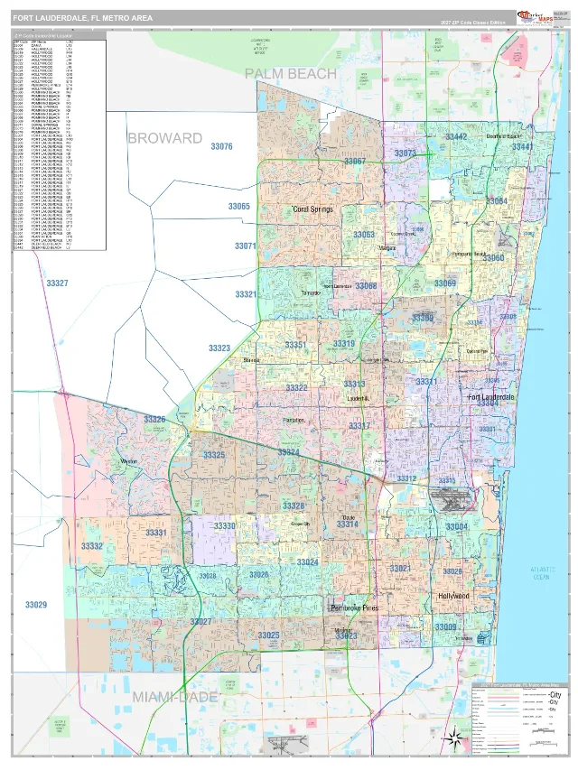 Fort Lauderdale Metro Area ZIP Code Wall Map, Classic style