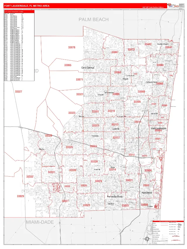 Fort Lauderdale Metro Area ZIP Code Wall Map, RedLine style