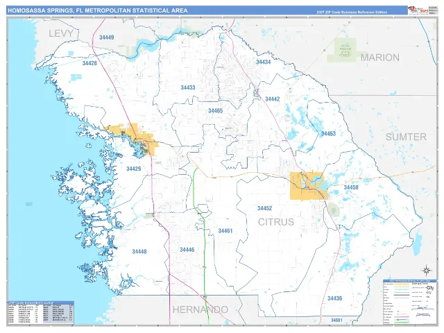Homosassa Springs Metro Area ZIP Code Wall Map, Business Reference style