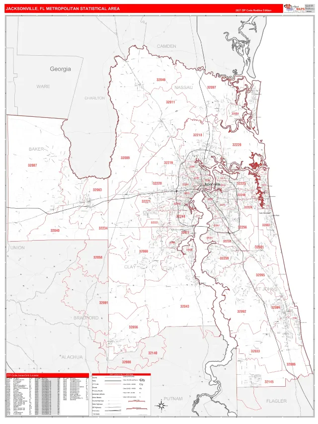Jacksonville Metro Area ZIP Code Wall Map, RedLine style