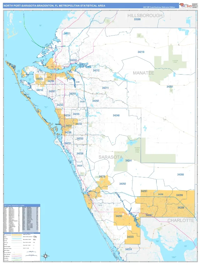 North Port-Sarasota-Bradenton Metro Area ZIP Code Wall Map, Business Reference style