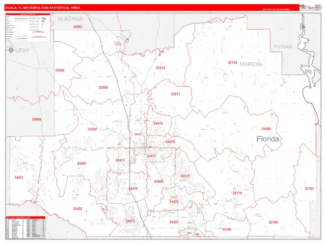 Ocala Metro Area ZIP Code Wall Map, RedLine style