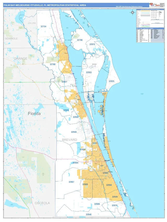 Palm Bay-Melbourne-Titusville Metro Area ZIP Code Wall Map, Business Reference style