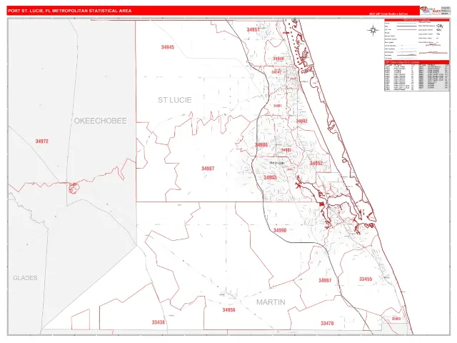 Port St. Lucie Metro Area ZIP Code Wall Map, RedLine style
