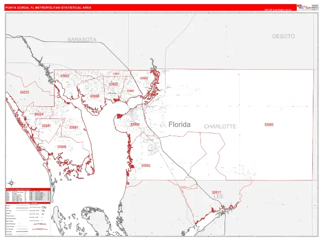 Punta Gorda Metro Area ZIP Code Wall Map, RedLine style