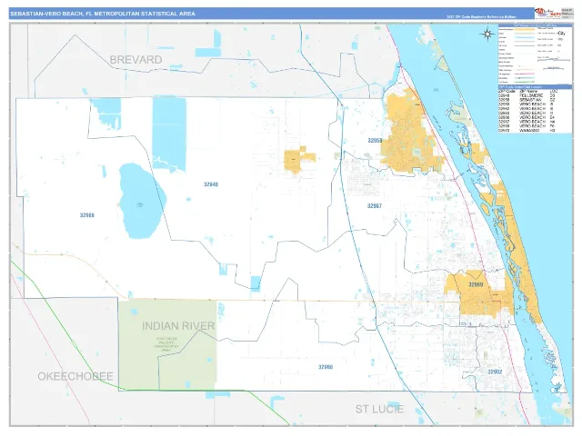 Sebastian-Vero Beach Metro Area ZIP Code Wall Map, Business Reference style