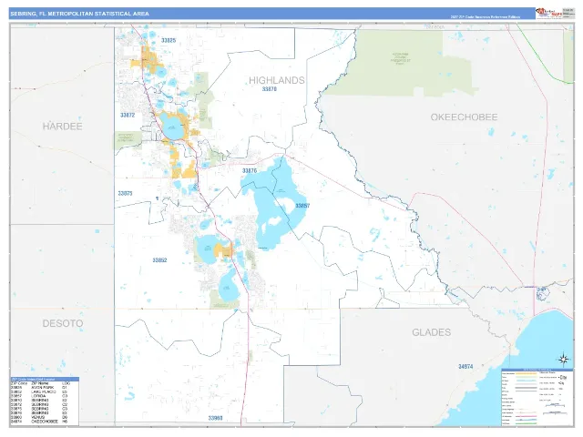 Sebring Metro Area ZIP Code Wall Map, Business Reference style