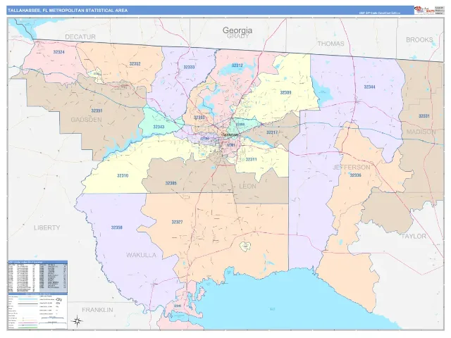 Tallahassee Metro Area ZIP Code Wall Map, ColorCast style