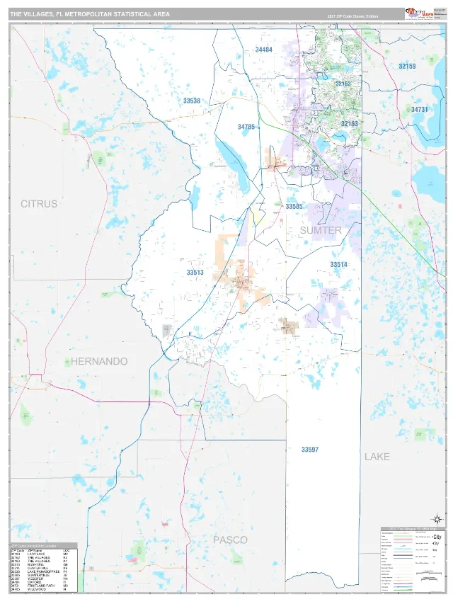 The Villages Metro Area ZIP Code Wall Map, Classic style