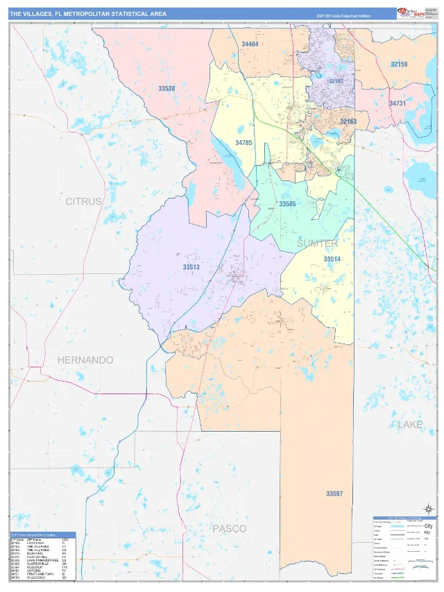 The Villages Metro Area ZIP Code Wall Map, ColorCast style