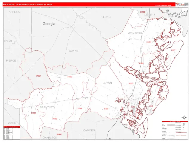 Brunswick Metro Area ZIP Code Wall Map, RedLine style