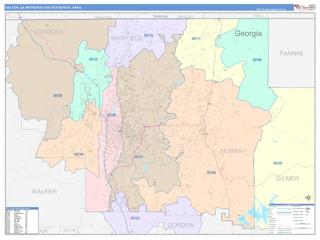 Dalton Metro Area ZIP Code Wall Map, ColorCast style