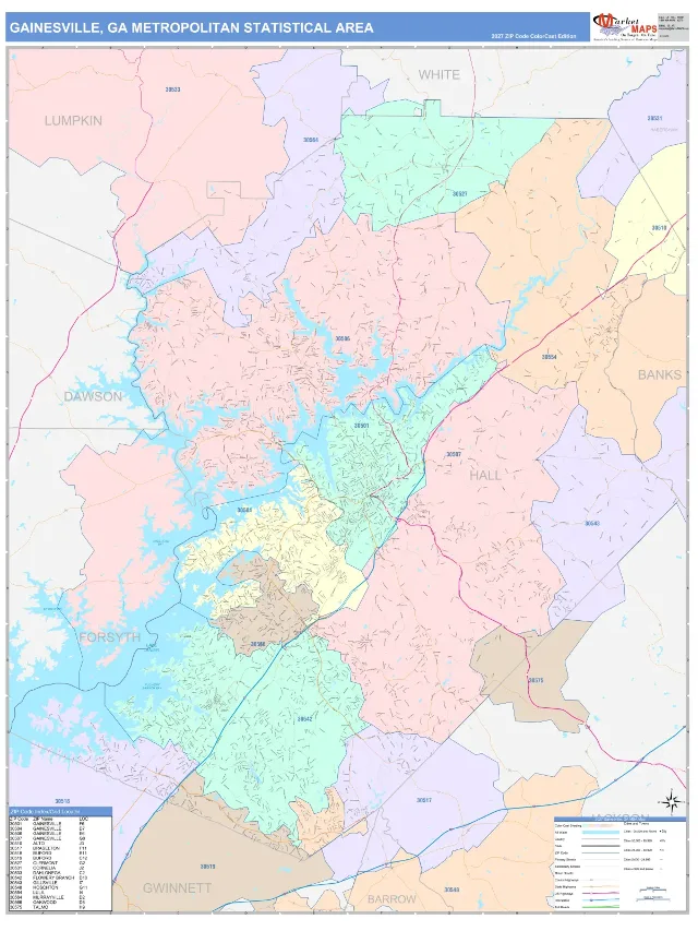 Gainesville Metro Area ZIP Code Wall Map, ColorCast style
