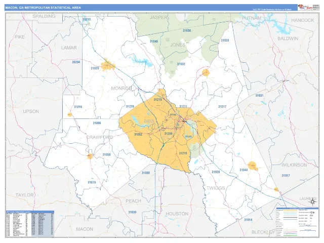Macon Metro Area ZIP Code Wall Map, Business Reference style