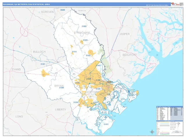 Savannah Metro Area ZIP Code Wall Map, Business Reference style