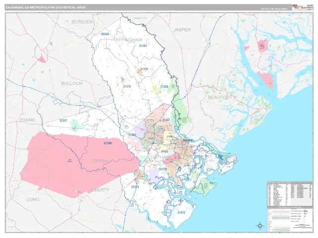 Savannah Metro Area ZIP Code Wall Map, Classic style