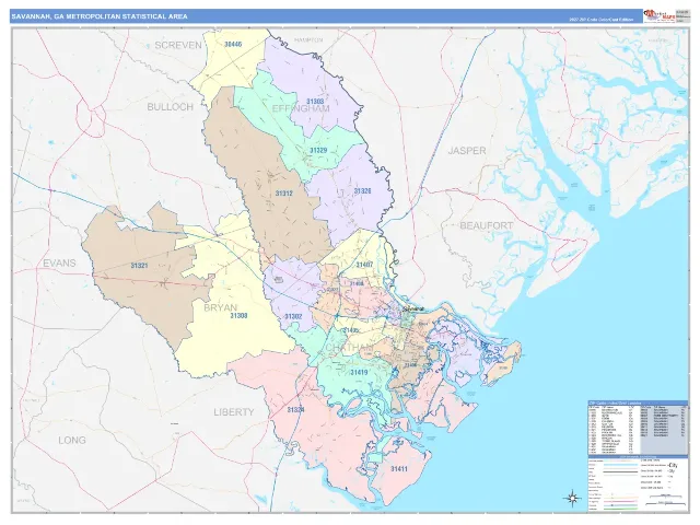 Savannah Metro Area ZIP Code Wall Map, ColorCast style