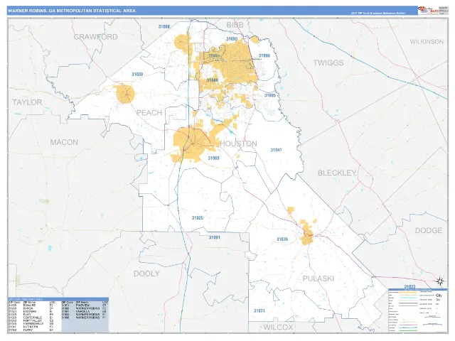 Warner Robins Metro Area ZIP Code Wall Map, Business Reference style